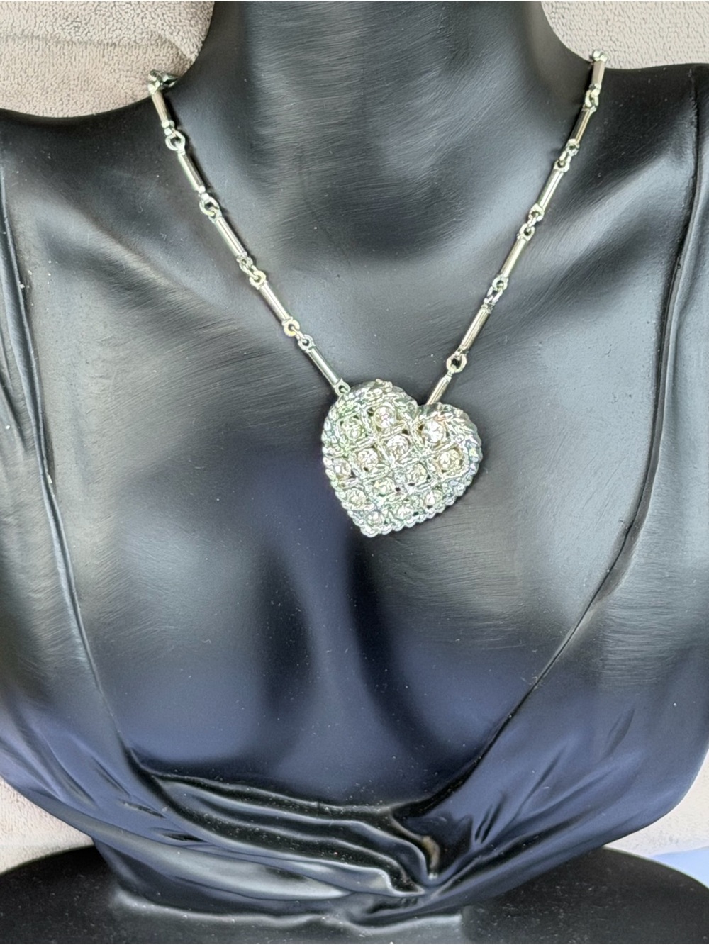 Boho Vintage Silver Tone Clear Rhinestone Pave Heart Pendant Necklace